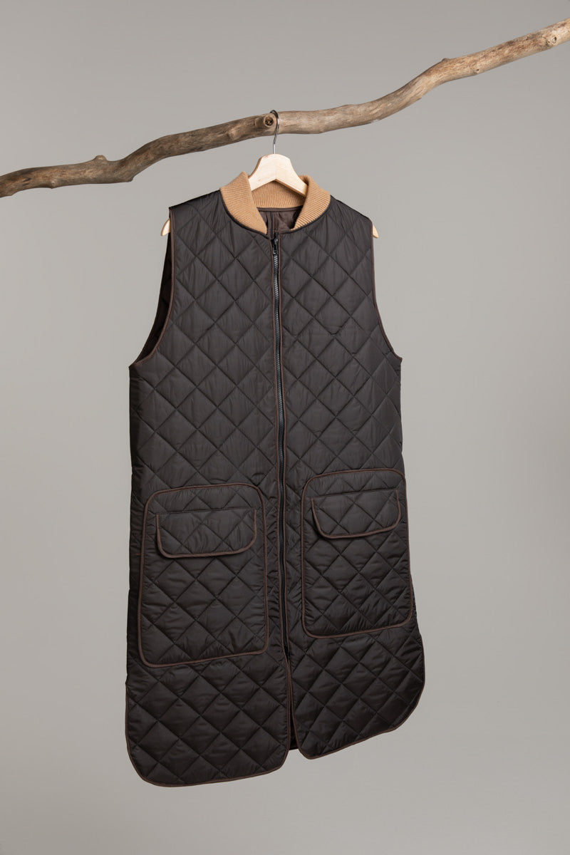 Long Quilted Gilet | Chocolate